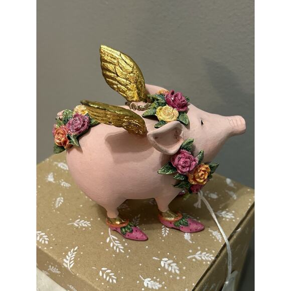 Patience Brewster Rose The Flying Pig Ornament Krinkles Christmas 4” w/ Box Pink - Picture 5 of 9